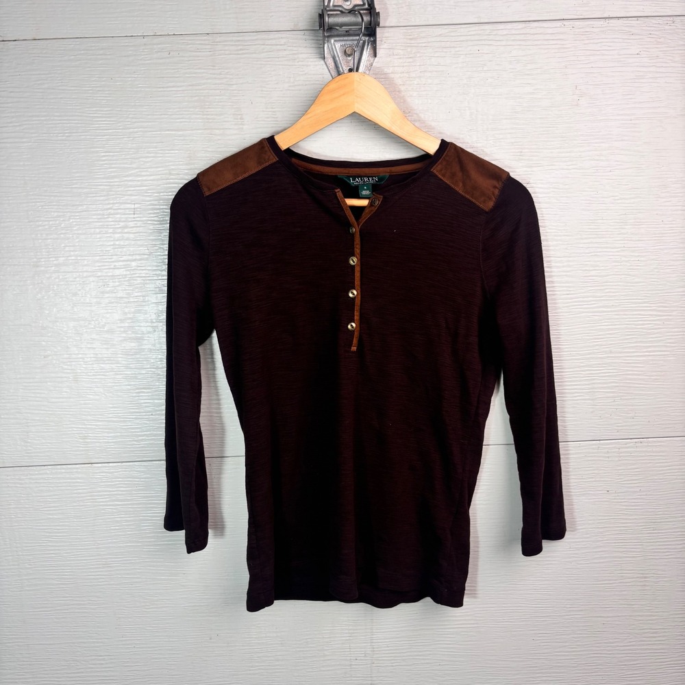 Lauren Ralph Lauren Brown Henley Shirt Suede Trim Equestrian Small